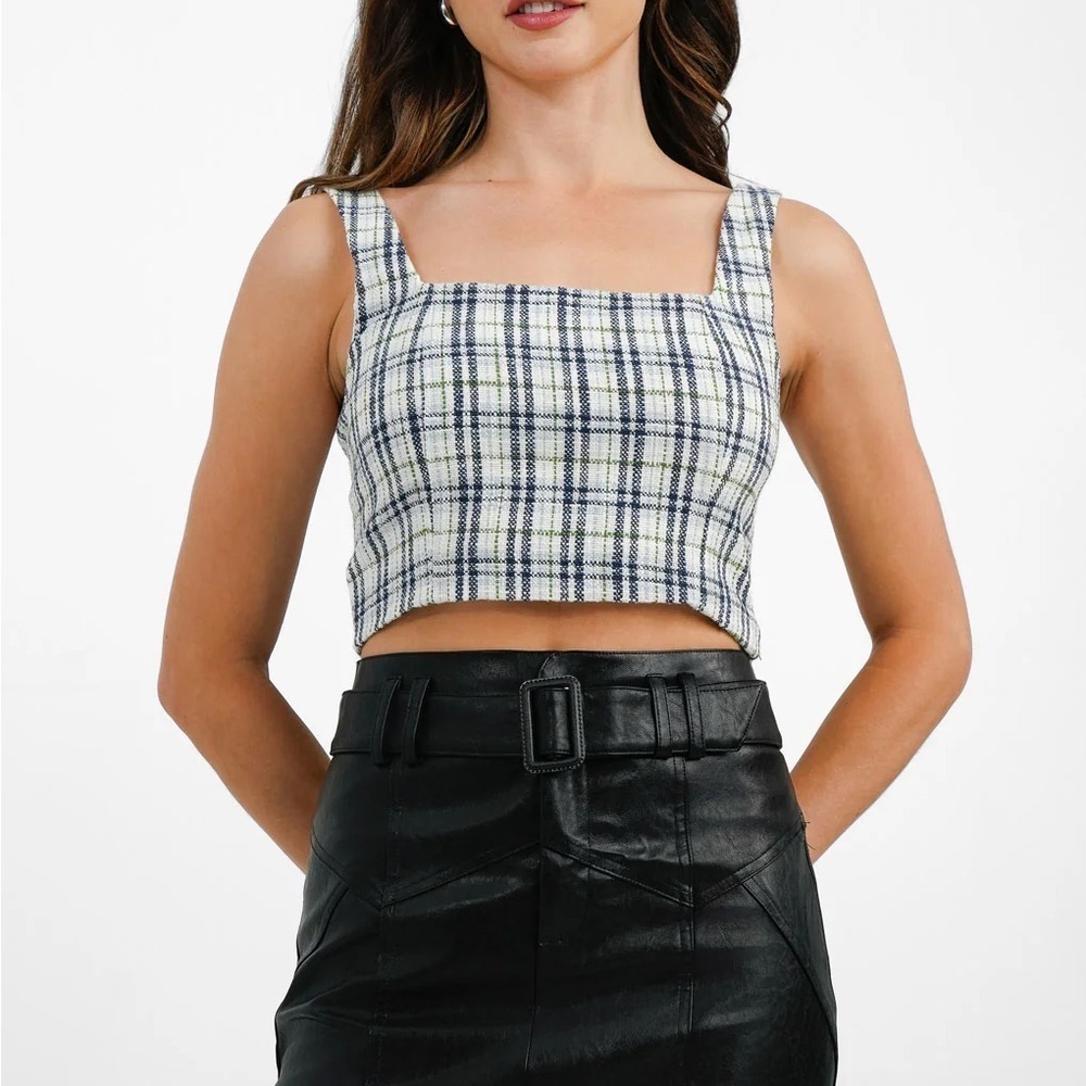 Abercrombie & Fitch Tweed Top In Blue Check Plaid Crop Top